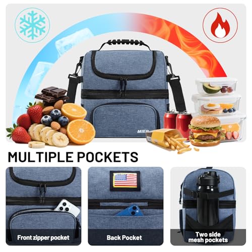 MIER Dual Compartment Lunch Bag Tote with Shoulder Strap for Men and Women Insulated Leakproof Cooler Bag, Bluesteel - color: Bluesteel