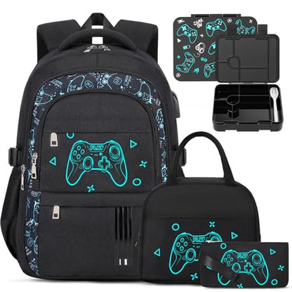 ACESAK Boys Backpack - Black Game Console Bento Box with Insulated Lunch Bag Pencil Case & Utensils Set for Kids, 6 Leakproof Compartments Removable Tray Lunches or Snack Container - color: Black Game Console
