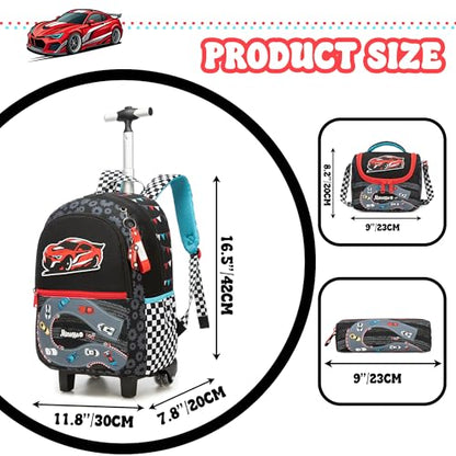Kids Rolling Backpack for Boys 16.5" School Roller Backpack with Lunch Box, Toddler Backpacks with Wheels Rollig Wheeled Backpacks for Elementary School - color: Black Car