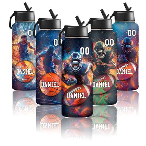 Personalized Kids Water Bottle with Name Football Player Custom Toddler Water Bottle for Children Double Wall Insulated for Christmas Halloween Birthday - color: New-Color 02