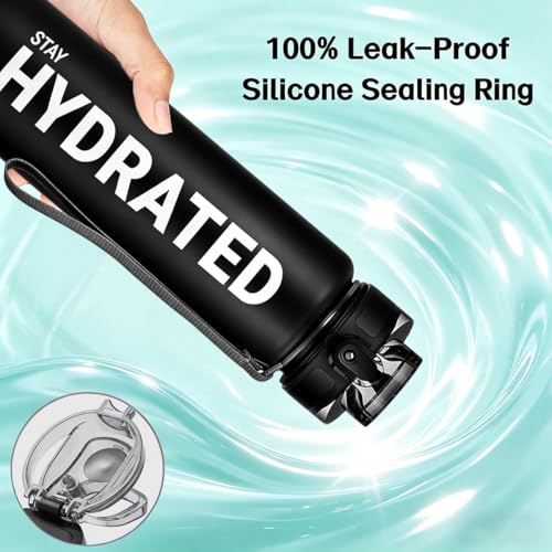 32oz Water Bottle with Time Marker, Leakproof & Motivational Gradient Design, BPA Free, Wide Mouth with Easy Clean Brush for Gym, Travel, Home & Office (Black) - color: Gray