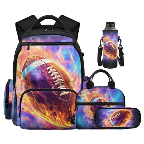 Flaming Football Backpack for Boys 8-12 Kids Backpack with Lunch Box Water Bottle Holder with Strap and Zipper Pencil Case 4PCS Set Bookbag with Compartments for School 17 inch Elementary - color: Flaming Football