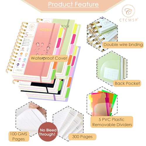 CTCMSP 5 Subject Spiral Notebook with Removable Dividers Tabs Hardcover Notebook Journal for Women Men,Perfect for Academic Supplies,College Ruled,300 Pages (Black)
