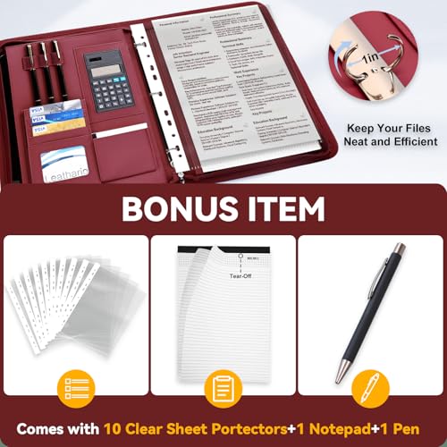 Leathario Portfolio Binder, Includes 5 Sheet Protectors and a Pen, 13 Inch Tablets Organizer, Vegan Leather A4 Padfolio, Multi-Pocket Notepad Business Planner Professional Document - color: Relief Red