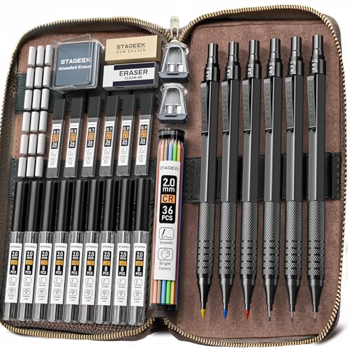 30PCS Black Metal Mechanical Pencil Set in Leather Case, 0.5/0.7/0.9/2.0mm Art Drafting Pencils with 16 Tubes Graphite Leads (6B 4B 2B HB 2H 4H) & Colored Refills for Sketching, Drawing, Writing - color: Black, style: 0.5 0.7 0.9 2.0
