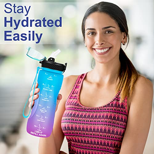 24 OZ Motivational Kids Water Bottle With Time Marker,Straw Lid,Leak Proof, Tritan BPA Free Sports Water Bottle Blue Purple (1 Lid) - color: Blue Purple