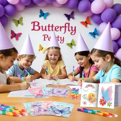 BenLouis 24 Butterfly Mini Coloring Books Kids with 24 Stacking Crayons Butterfly Theme Party Favors Activity Books Bulk for Kids Spring Fairy Birthday Goodie Bag Gift Stuffer Classroom Reward - style: Butterfly