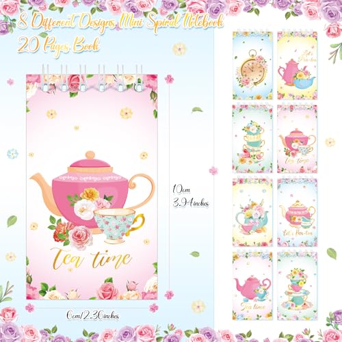 Faccito 24 Pcs Mini Tea Notebook Floral Tea Mini Notepad Party Favors Teapot Party Small Spiral Pocket Notebooks Floral Teapot Time Notepad Memo Spiral Notebooks for Birthday Classroom Reward Supplies