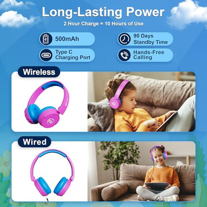 Contixo KB-5 Kids Headphones - Over The Ear Foldable Bluetooth Wireless Headphone for Kids - 85dB with Volume Limited - Toddler Headphones for Boys and Girls (Pink + Blue) - color: Pink
