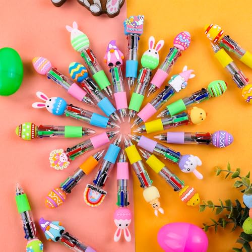 Vellibring 24PCS Easter Fun Pens Cute Multicolor Ballpoint Pens 4 Colors in 1 Kawaii Bunny Easter Egg Chicken Rainbows Gnome for Easter Party Favors Basket Stuffers School Supplies Students Rewards - style: Easter Eggs-24pcs