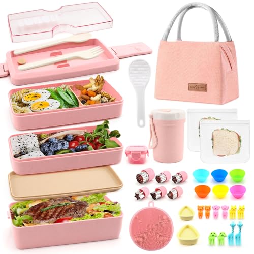 35Pcs Bento Box Japanese Lunch Box Kit Leakproof Lunchbox, Pink | Wheat straw 3 layer stackable lunch container with compartments and lunch bag for kids adults teens meal prep school office - color: Pink, size: 35Pcs
