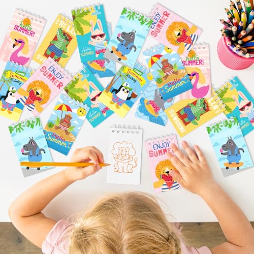 24Packs Hello Summer Mini Notepads Cute Cartoon Animal Spiral Notebooks Pocket Journal Memo Pads for Hawaii Beach Themed Birthday Gifts Goodie Bag Stuffers Office School Classroom Rewards - style: Summer