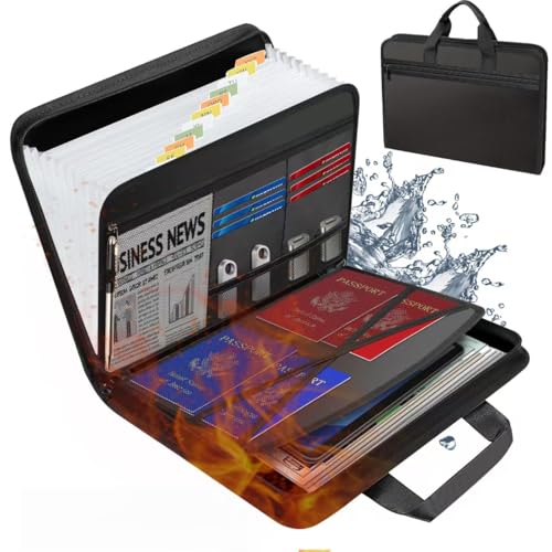 Fireproof Expanding File Organizer with Handle, Thickened Document Organizer 13 Pockets Portable Accordion File Folder for Letter A4 - color: Black Outside, Clear White Inner
