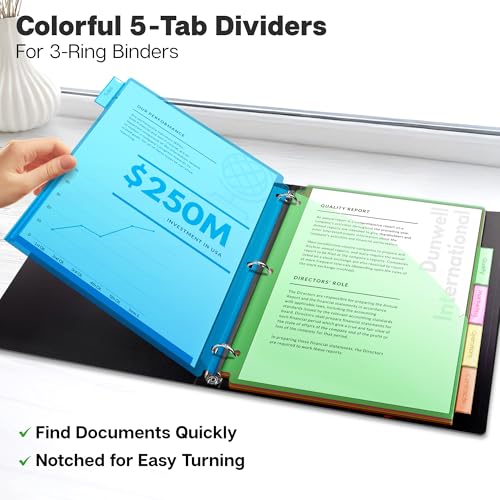 Dunwell Plastic Binder Dividers with Front Pocket (5 Tab), Clear Slash Single Pocket Divider with Tabs, 3 Ring Binder Pockets with Index Tab, Acid-Free, Notebook Dividers Include Label Inserts - size: 1 Set (5 pcs), style: 1 Pocket