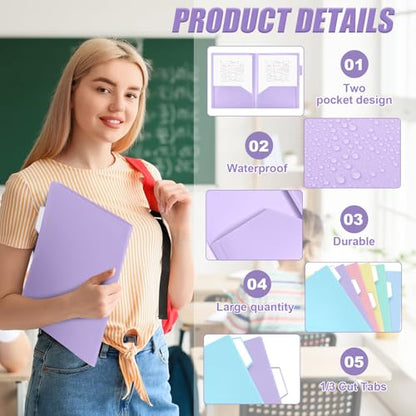 Fuutreo 12 Pack Pastel Plastic Pocket Folders with 2 Pockets & Tabs, Cute Folders, Heavy Duty File Folder for Letter Size Paper, Office, Nurse Folder, Back to School, College Office Supplies - style: Plain 2 Pocket Folder