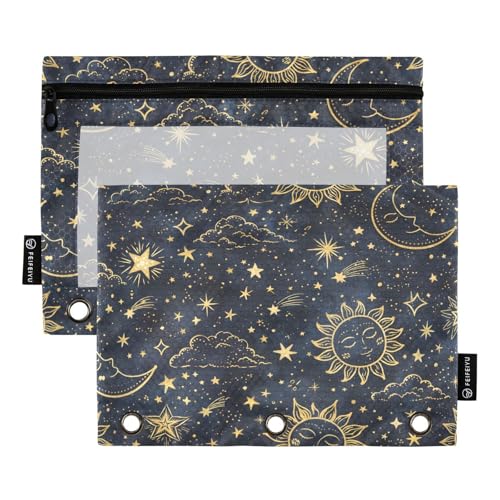 2 Pack Pencil Pouch for 3 Ring Binder Boho Sun Moon Pencil Case Pouch with Clear Window Zipper Binder Pencil Pouches Pen Bag for Office School Supplies - color: Boho Sun Moon