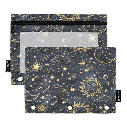 2 Pack Pencil Pouch for 3 Ring Binder Boho Sun Moon Pencil Case Pouch with Clear Window Zipper Binder Pencil Pouches Pen Bag for Office School Supplies - color: Boho Sun Moon
