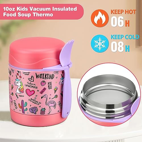Pawtong Bento Lunch Box Set With 10oz Soup Thermo, Leak-proof Lunch Containers with 4 Compartment, Kids Hot Thermo Food Jar/Insulation Lunch Bag, Food Containers for School（Flamingo） - color: Pink-flamingo