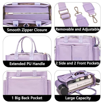 ZHMO Canvas Tote Bag for Women,Women's Bags Crossbody Bags Work Laptop Tote Bag Large Handbags Purse for Travel Nurse Teacher - color: New Upgrade Plus Purple With Compartments and Inner Cup Holders