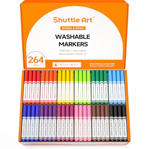 Shuttle Art 264 Pack Washable Markers, 12 Assorted Colors Broad Line Conical Tip Large Markers Bulk with a Box, Bonus Caps, Home Classroom School Supplies for Toddlers Kids Adults Students Teachers - color: 22 Each of 12 Colors