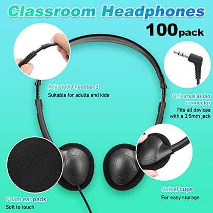 Hoteam 100 Pack Headphones for Classroom Bulk Students Adjustable Headphones Wired Pack Black Over the Head Earphones with 3.5 mm Plug for School Library Museums Charity Donate(Black) - color: Black, style: Classic