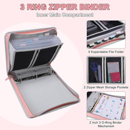Ndsox Zipper Binder 3 Ring with Handle, 2 Inch O-Ring Document Organizer Middle School Binder with Zipper for Students, 5-Tab Expanding File Folder & 2 Mesh Pouches, DIY Clear Front Pocket, Pink - color: Pink