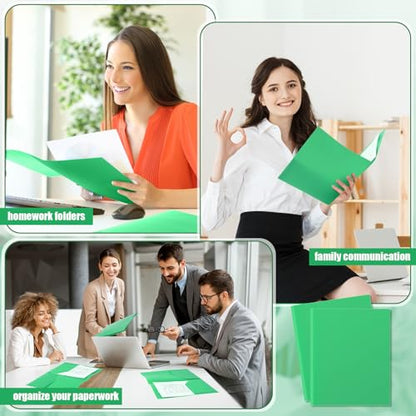 Gueevin 72 Pack Plastic Folder with Pockets, 2 Pocket Folders, Plastic Glossy Folders Fit Letter Size Paper, Heavy Duty Durable File Folder with Business Card for Home Office School (Green) - color: Green