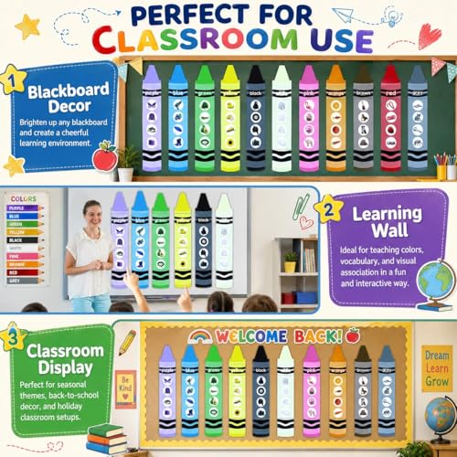 11 Sets Jumbo Size Crayon Bulletin Board 34.7 Inch Colour Recognition Poster Decoration Fruit Animals Plants Bulletin Board for Kindergarten Preschool Learning Classroom Chalkboard Decoration