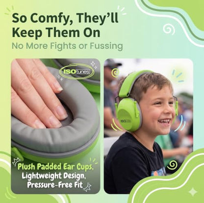 ISOtunes JUNIOR DEFENDER Noise Cancelling Headphones for Kids, 20 dB Kids Ear Protection Ear Muffs for Noise Reduction - color: Kids Green