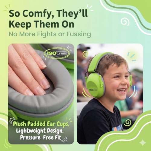 ISOtunes JUNIOR DEFENDER Noise Cancelling Headphones for Kids, 20 dB Kids Ear Protection Ear Muffs for Noise Reduction - color: Kids Green