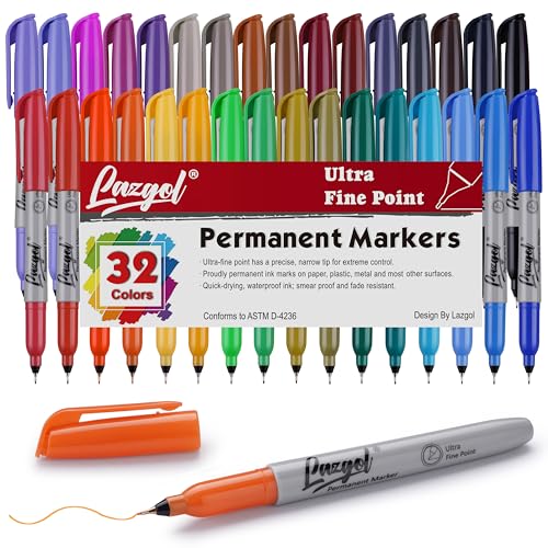 LAZGOL Permanent Markers Bulk, Ultra Fine Point, 32 Assorted Colors 0.4 mm Permanent Marker set, Felt Tip Pens Works on Plastic, Wood, Stone, Metal and Glass for Doodling, Marking - style: Ultra Fine（32 Colors）