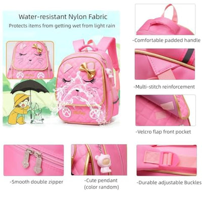 MITOWERMI Cute Rolling Backpack for Girls Trolley School Bags Cat-face Bowknot Girls Roller Backpacks with Wheels Kids Carry-on Travel Luggage Pink-2 Wheels