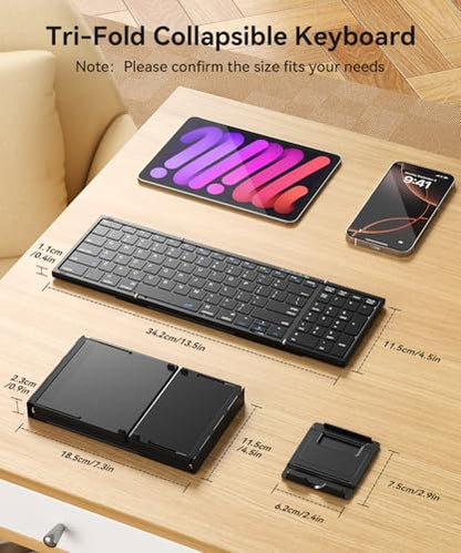 Foldable Bluetooth Keyboard with Touchpad & Number Pad, 3 Devices (2.4G+BTx2) Fold Portable Keyboard, Full Size Key Large Trackpad Wireless Travel Rechargeable Keyboards for Android Windows iOS Tablet