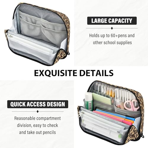 Brown Leopard Print Pencil Case Organizer, Large Capacity Stand-Up Pen Pouch with 3 Compartments, Foldable Makeup Bag for School Office Travel Supplies, 8.3 x 5.9 Inch - color: Leopard