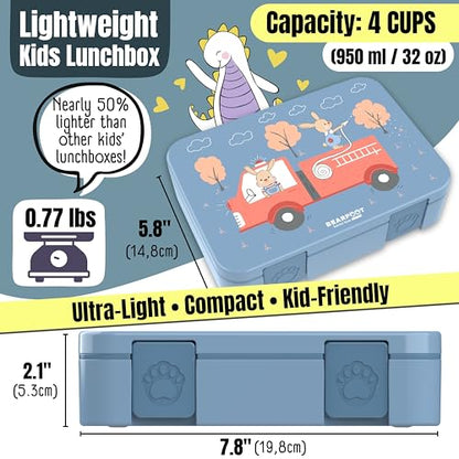 BEARFOOT Kids Lunch Box with Compartments – Compact & Lightweight | Leak-Proof, BPA-Free, Dishwasher Safe | Hand-Drawn Design for Preschool, School, Travel (Firetruck Bunnies Blue, 4 Cups) | BPA Free Leakproof Lunch Box with Compartments School & Nursery