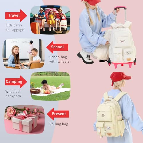 Girls Boys Rolling Backpack with Wheels, Girls Backpack with Wheels for School, Kids Carry-on Luggage Wheeled School Bag Roller Trolley Bookbag, White - color: 6 Wheels White