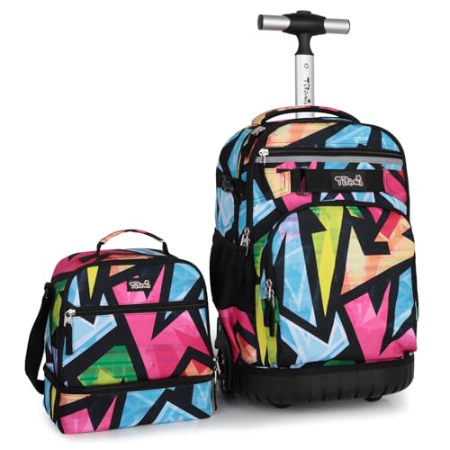 Tilami Rolling Backpack & Lunch bag for Kids 19 Inch Wheeled Bookbag for Boys & Girls for School & Travel,Colorful blue - color: Colorful Blue