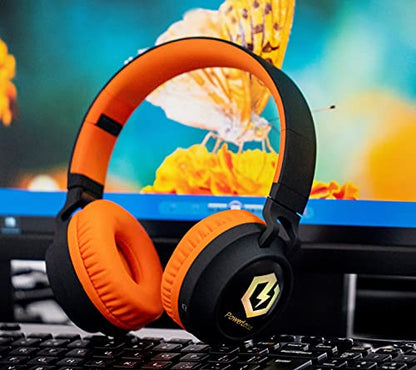 PowerLocus Kids Headphones Wireless, Bluetooth Headphones for Kids Over Ear, LED Lights, 85dB Safe Volume Limit, Foldable, Micro SD Mode, Built-in and Line-in Microphone for Phones,Tablets,Laptop - color: Black/Orange