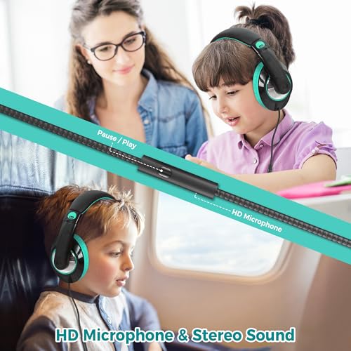 rockpapa Comfort+ Kids Headphones with Microphone, Boys Girls Student Over-Ear Headphones Wired Foldable for School Classroom Laptop PC Computer Tablet Black/Blue+Black/Teal - color: Blue/Black/Teal/Black