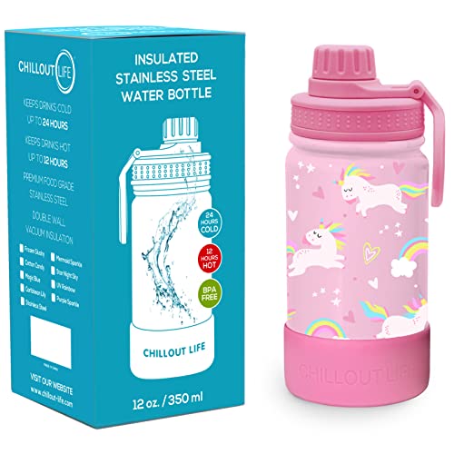 CHILLOUT LIFE 12oz Kids Insulated Stainless Steel Water Bottle with Leak Proof Spout Lid & 144 Stickers - color: Pink Unicorn, style: 12 oz