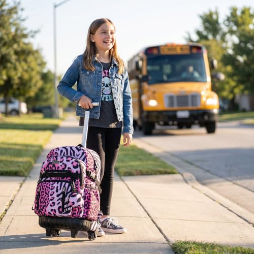 Meetbelify Rolling Backpack for Girls Boys Backpacks with Wheels Kids Carry on Luggage for Girls Boys - color: Pink Black