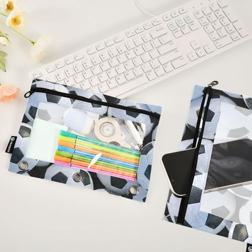 Soccer Pencil Pouch For 3 Ring Binder Clear Window Pencil Case For 3 Ring Reinforced Grommets With Zipper, 2 Pack - color: Soccer