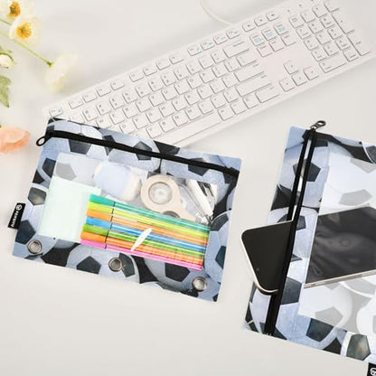 Soccer Pencil Pouch For 3 Ring Binder Clear Window Pencil Case For 3 Ring Reinforced Grommets With Zipper, 2 Pack - color: Soccer
