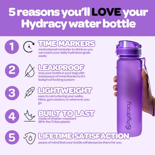 Hydracy Water Bottle with Time Marker - Large 32 oz BPA Free Tritan Plastic Bottle with No Sweat Sleeve, Leakproof, Ideal for Gym, Sports & Outdoors | Leak Proof Gym Bottle with times to drink and no sweat Sleeve - Ideal for Fitness Sports & Outdoors - co