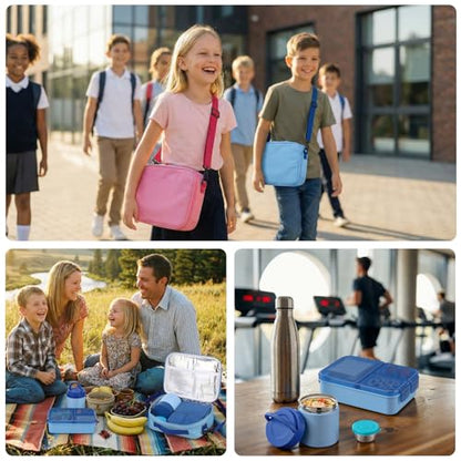 HWONMTE Bento Lunch Snack Boxes Set for Kids Reusable Food Containers with Insulated Lunch Bag, Sauce Box,Removable Dividers for Toddler Girls Boys Teens to School,Travel - color: Blue Set