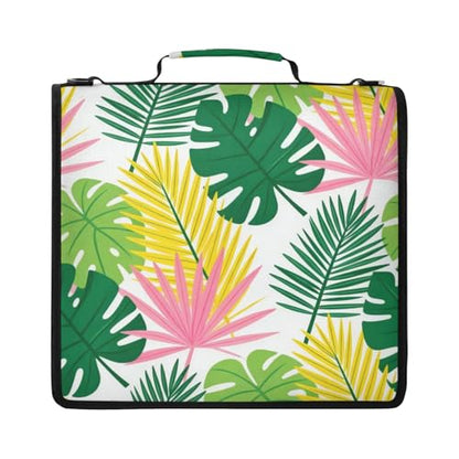 Tropical Palm Leaves Zipper Binder with 2 Inch D-Rings Expandable File Portfolio with Shoulder Strap, Waterproof Nylon Organizer for 14" Laptop for Work College Travel