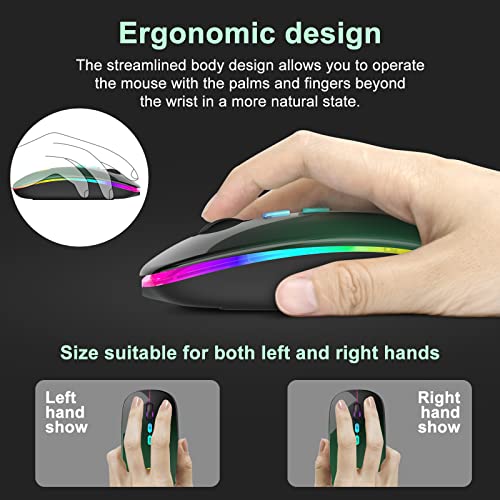 LED Wireless Mouse, Bluetooth Mouse &2.4GHz Instant Connection,Rechargeable Ultra Silent Slim,3 DPI 2 Connection Modes with USB-C to USB Adapter for Laptop/MacBook/PC/Tablet/iPad (Black-green) | Bluetooth mouse with 2.4GHz USB receiver, silent slim design