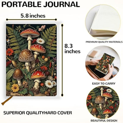 Lovdazzles Pretty Leather Lined Journal Retro Mushroom Notebook 200 Pages A5 Ruled Notebooks, Fantasy Retro Nature Mushroom Plant Journal, Gift for Nature Lovers, Artists, and Writers (5.8 x 8.3) - color: Multi 1723