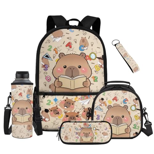 Cute Capybara Kids School Backpack Set Large Capacity 5 Pieces with Lunch Bag Pencil Case and Water Bottle Holder for Girls and Boys - color: Cute Capybara