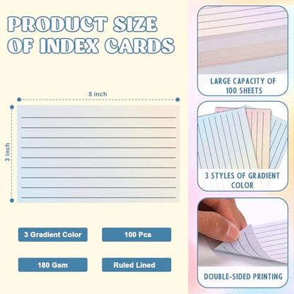100 Pack Ruled Index Cards 3x5 Gradient Colored Index Cards Heavy Weight Note Cards 180gsm Flashcards Double Sided Notecards Lined Recipe Cards for Studying Drawing